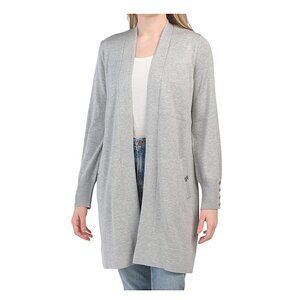 PEYTON PRIMROSE sz M Long Heather Grey Cardigan With Waist and Buttons Details